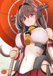 Rule 34 | 1girl, breasts, brown hair, covered navel, dated, detached sleeves, flower, hair between eyes, hair flower, hair intakes, hair ornament, headgear, hip vent, kantai collection, large breasts, long hair, looking at viewer, looking down, moke ro, oil-paper umbrella, pink eyes, pleated skirt, ponytail, red skirt, red umbrella, sidelocks, skirt, smile, umbrella, yamato (kancolle)