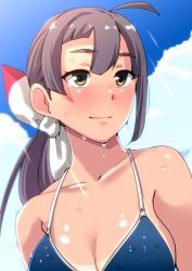 Rule 34 | 1girl, ahoge, asymmetrical bangs, bad id, bad twitter id, bikini, blue bikini, blush, breasts, chirashi (so), cleavage, closed mouth, cloud, day, fujinami (kancolle), highres, kantai collection, medium breasts, outdoors, ponytail, purple hair, side ponytail, sky, solo, swimsuit, tan, tanline, upper body, wet, yellow eyes