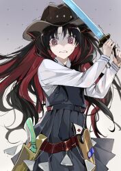 Rule 34 | 1girl, @ @, black hair, collared shirt, cowboy hat, fate/grand order, fate (series), gun, hat, highres, holding, holding weapon, holster, ishtar (fate), katana, kino kokko, long hair, long sleeves, looking at viewer, multicolored hair, official alternate costume, parted bangs, red eyes, red hair, ribbon, shirt, solo, space ishtar (fate), sweat, sword, tearing up, trembling, two-tone hair, two side up, weapon, white shirt