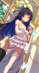 Rule 34 | 1boy, 1girl, ;&lt;, absurdres, bare shoulders, black hair, blue eyes, blue hair, blunt bangs, blurry, blurry foreground, blush, breasts, bridal veil, bug, butterfly, choker, copyright request, crossed arms, depth of field, dress, dutch angle, elbow gloves, frilled dress, frills, gloves, hetero, highres, holding, holding jewelry, holding ring, indoors, insect, jewelry, medium breasts, multicolored hair, one eye closed, ornate ring, out of frame, ring, solo focus, tears, thighhighs, two-tone hair, veil, wedding dress, wedding ring, white choker, white gloves, white thighhighs, wulazula