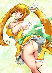 Rule 34 | 1girl, ass, bare shoulders, blush, boots, breasts, bridal gauntlets, brown eyes, covered erect nipples, cure rosetta, dokidoki! precure, dress, from behind, hair ornament, highres, itachou, large breasts, long hair, looking at viewer, looking back, magical girl, open mouth, orange hair, precure, shiny skin, skirt, smile, solo, thong, twintails, very long hair