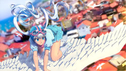 Rule 34 | 1girl, absurdres, all fours, animal, aqua eyes, architecture, bird, bird wings, blue eyes, blue skirt, blurry, building, depth of field, eyelashes, flying, goggles, goggles on headwear, helmet, highres, house, jay zhang, kneehighs, kneeling, long hair, original, pleated skirt, puffy short sleeves, puffy sleeves, scarf, shirt, short sleeves, skirt, smile, socks, solo, star (symbol), star print, twintails, white hair, white socks, wings