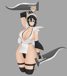 Rule 34 | 1girl, absurdres, arm behind head, arm up, armpits, artist request, black eyes, black hair, breasts, butterfly swords, cleavage, curvy, fingerless gloves, gloves, hair ornament, hairclip, highleg, highleg leotard, highres, holding, holding weapon, iroha (samurai spirits), large breasts, legs, leotard, leotard under clothes, looking at viewer, maid, maid headdress, samurai spirits, shiny skin, short hair, smile, snk, solo, thick thighs, thighs, thong leotard, weapon, wide hips