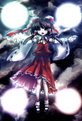Rule 34 | 1girl, bobby socks, bow, brown hair, detached sleeves, enone, closed eyes, female focus, floating, glowing, hair bow, hakurei reimu, large bow, long hair, magic, mary janes, midriff, open mouth, outstretched arms, shoes, socks, solo, spread arms, touhou, white socks