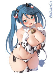 Rule 34 | 1girl, animal ears, animal print, bell, bikini, blue eyes, blue hair, blush, breasts, cleavage, cow ears, cow girl, cow horns, cow print, cow print bikini, cow tail, cowbell, cropped legs, detached collar, ebifurya, elbow gloves, gloves, highres, horns, isuzu (kancolle), kantai collection, large breasts, long hair, navel, one-hour drawing challenge, open mouth, print bikini, simple background, solo, swimsuit, tail, thighhighs, twintails, twitter username, white background, white bikini, white gloves, white thighhighs