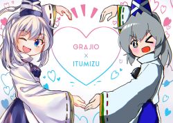 Rule 34 | 1girl, ;d, artist name, blue eyes, blue headwear, detached sleeves, from side, grey eyes, grey hair, gurajio, hat, heart, highres, itsumizu, japanese clothes, kariginu, long hair, looking at viewer, mononobe no futo, multiple views, one eye closed, open mouth, pom pom (clothes), ponytail, ribbon-trimmed sleeves, ribbon trim, smile, tate eboshi, touhou, white background, wide sleeves