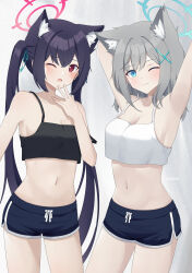 Rule 34 | 2girls, ;o, absurdres, alternate costume, animal ear fluff, animal ears, arm behind head, arm up, armpits, black hair, blue archive, blue eyes, breasts, cat ears, cat girl, cleavage, collarbone, commentary, cross hair ornament, fang, gevuxx, grey hair, hair between eyes, hair ornament, halo, highres, long hair, looking at viewer, medium breasts, medium hair, multiple girls, navel, one eye closed, pajamas, red eyes, serika (blue archive), shiroko (blue archive), short shorts, shorts, sidelocks, simple background, sleeveless, small breasts, spaghetti strap, stomach, stretching, twintails, wolf ears, wolf girl