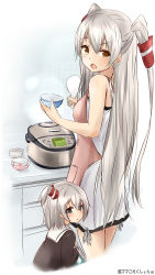 Rule 34 | 10s, 1girl, 2girls, :o, absurdres, aged down, aged up, alternate costume, amatsukaze (kancolle), apron, black eyes, blush, bowl, brown eyes, hair tubes, highres, if they mated, kantai collection, long hair, looking at viewer, mother and daughter, multiple girls, one side up, rice cooker, saku (kudrove), shamoji, silver hair, two side up, very long hair