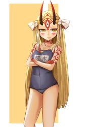 Rule 34 | 1girl, absurdres, blonde hair, blush, crossed arms, fate/grand order, fate (series), highres, horns, ibaraki douji (fate), legs, long hair, looking away, monster girl, one-piece swimsuit, oni, swimsuit, tattoo, thighs