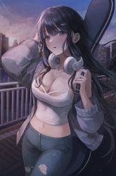 Rule 34 | 1girl, absurdres, black hair, blue eyes, breasts, building, camisole, cardigan, cowboy shot, crop top, denim, evening, floating hair, guitar case, hand on own head, headphones, headphones around neck, highres, instrument case, jeans, large breasts, long hair, long sleeves, looking at viewer, mole, mole on breast, myowa, navel, off shoulder, open cardigan, open clothes, original, outdoors, pants, parted lips, railing, shirt, solo, stomach, taut clothes, torn clothes, torn jeans, torn pants, white shirt
