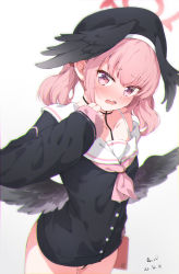 Rule 34 | 1girl, absurdres, anno (yukikaze 08), beret, black feathers, black hat, black shirt, black wings, blue archive, blush, bottomless, collarbone, feathered wings, feathers, halo, hat, head wings, highres, koharu (blue archive), long hair, long sleeves, looking at viewer, low wings, neckerchief, off shoulder, pink eyes, pink hair, pink neckerchief, sailor collar, shirt, solo, twintails, white sailor collar, wings
