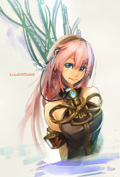 Rule 34 | 1girl, armband, blue eyes, brooch, character name, cocoaore, headphones, highres, jewelry, long hair, megurine luka, pink hair, sleeveless, smile, solo, vocaloid