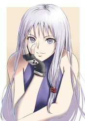 Rule 34 | 1girl, bare shoulders, black gloves, eyelashes, fingerless gloves, gloves, grey eyes, grey hair, hair ribbon, hand on own face, head rest, jing king of bandits, kaijin-m, light smile, long hair, looking at viewer, parted lips, ribbon, simple background, sleeveless, solo, stir (jing king of bandits), tress ribbon, upper body, white eyes