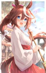 Rule 34 | 1girl, :d, absurdres, animal ears, blue eyes, blurry, blurry background, blush, breasts, broom, brown hair, floating hair, hair between eyes, hair ribbon, highres, holding, holding broom, horse ears, horse girl, horse tail, japanese clothes, kimono, long hair, long sleeves, looking at viewer, medium breasts, multicolored hair, open mouth, ponytail, ribbon, sky cappuccino, smile, solo, standing, streaked hair, tail, tokai teio (umamusume), umamusume, very long hair, white hair, white kimono