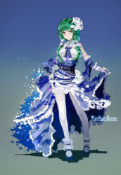 Rule 34 | 1girl, adapted costume, alternate hairstyle, ankle cuffs, bba1985, blue background, blue eyes, blue footwear, blue skirt, breasts, character name, clothes lift, frog hair ornament, full body, gloves, gradient background, green hair, hair ornament, hair tubes, highres, kochiya sanae, layered skirt, long skirt, looking at viewer, mary janes, miniskirt, parted lips, shawl, shoes, short hair with long locks, skirt, skirt lift, snake hair ornament, solo, thighhighs, touhou, white gloves, white skirt, white thighhighs, wrist cuffs