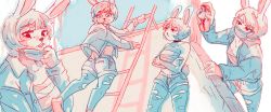 Rule 34 | 4girls, absurdres, animal ears, artist name, ashleyloob, climbing, closed mouth, crossed arms, highres, jacket, ladder, limited palette, looking back, mask, mouth mask, multiple girls, open mouth, original, rabbit, rabbit ears, rabbit tail, short hair, shorts, spray can, tail, torn clothes, torn legwear