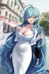 Rule 34 | 1girl, absurdres, ahoge, alternate costume, bag, blue archive, blush, breasts, cleavage, day, dongtan dress, dress, green hair, gwinggwing, hair between eyes, halo, highres, large breasts, long hair, long sleeves, looking at viewer, meme attire, nail polish, open mouth, outdoors, revision, smile, solo, very long hair, white dress, yellow eyes, yellow halo, yume (blue archive)