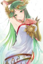 Rule 34 | ancient greek clothes, armlet, bare shoulders, breasts, chiton, dress, forehead jewel, green hair, highres, jewelry, kid icarus, kid icarus uprising, laurel crown, long hair, neck ring, nintendo, norimaki (nrmk norinori), palutena, parted bangs, pendant, side slit, strapless, strapless dress, vambraces, very long hair, white dress