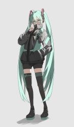 Rule 34 | 1girl, absurdres, ahoge, alternate costume, aqua eyes, aqua hair, black footwear, black jacket, black shorts, boots, character name, commentary, covered mouth, full body, grey background, hair between eyes, hair ornament, hand in pocket, hand up, hatsune miku, headphones, high collar, highres, in (in 0907), jacket, long hair, long sleeves, looking at viewer, miku day, shadow, shorts, sidelighting, simple background, solo, standing, thigh boots, v, very long hair, vocaloid