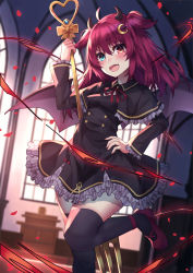 Rule 34 | 1girl, :d, ashisi, bad id, bad pixiv id, black capelet, black dress, black thighhighs, blurry, blurry background, blush, breasts, brown wings, capelet, commentary request, crescent, crescent hair ornament, demon girl, demon horns, demon wings, depth of field, dress, fang, fork, frilled capelet, frilled dress, frills, green eyes, hair between eyes, hair ornament, hand on own hip, heart, heterochromia, highres, holding, holding fork, horns, indoors, long hair, long sleeves, looking at viewer, nijisanji, open mouth, oversized object, petals, red eyes, red footwear, red hair, shoes, small breasts, smile, solo, standing, standing on one leg, thighhighs, two side up, virtual youtuber, wings, yuzuki roa