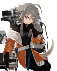 Rule 34 | 1girl, ahoge, arknights, bad id, bad twitter id, belt, black gloves, black sweater, clenched hand, gloves, grey belt, grey eyes, grey hair, hand on own chin, highres, id card, jacket, looking to the side, mayer (arknights), open hand, orange jacket, ordriver, ribbed sweater, short hair, smile, solo, sweater, white background