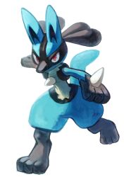 Rule 34 | 1boy, animal ears, animal feet, artist name, black fur, blue fur, body fur, closed mouth, creatures (company), feet, full body, furry, furry male, game freak, gen 4 pokemon, highres, ikei, leg up, lucario, male focus, multicolored fur, nintendo, outstretched arms, pokemon, pokemon (creature), red eyes, running, signature, simple background, snout, solo, spikes, standing, standing on one leg, tail, thick thighs, thighs, white background, wide hips, wolf boy, wolf ears, wolf tail, yellow fur