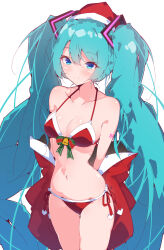 1girl absurdres bare_shoulders bikini blue_eyes blush breasts collarbone cowboy_shot feet_out_of_frame fur_trim green_eyes halkawa501 hat hatsune_miku highres long_hair medium_breasts navel red_bikini santa_bikini santa_hat side-tie_bikini_bottom simple_background solo swimsuit tattoo twintails upper_body very_long_hair vocaloid white_background