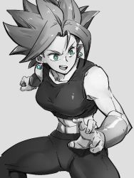 Rule 34 | 1girl, abs, blue eyes, breasts, collarbone, dragon ball, dragon ball super, earrings, grey background, greyscale, jewelry, kefla (dragon ball), kemachiku, looking away, looking to the side, medium breasts, midriff, monochrome, open mouth, potara earrings, short hair, simple background, solo, super saiyan, teeth, upper teeth only