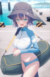 Rule 34 | 1girl, absurdres, aya (lezon), bag, bikini, bikini bottom only, blue archive, blue bikini, blue eyes, blurry, breasts, bucket hat, cowboy shot, crop top, cropped jacket, day, depth of field, duffel bag, fang, hat, highres, jacket, large breasts, long sleeves, midriff, navel, official alternate costume, open mouth, outdoors, raglan sleeves, saki (blue archive), saki (swimsuit) (blue archive), short hair, smile, solo, standing, stomach, swimsuit, thighs, v-shaped eyebrows, wet, white jacket, zipper
