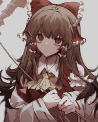 Rule 34 | 1girl, bow, brown hair, chan8016, chinese commentary, closed mouth, collared vest, commentary, detached sleeves, eyebrows hidden by hair, frilled bow, frilled hair tubes, frills, frown, gohei, grey background, hair bow, hair tubes, hakurei reimu, highres, holding, holding gohei, long hair, looking at viewer, red bow, red eyes, red vest, ribbon-trimmed sleeves, ribbon trim, sidelocks, simple background, solo, touhou, upper body, vest, white sleeves, wide sleeves