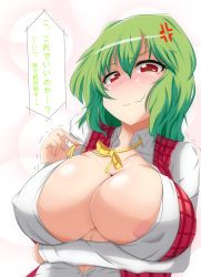 Rule 34 | 1girl, anger vein, areola slip, blush, breast hold, breasts, bursting breasts, cleavage, dress shirt, female focus, highres, huge breasts, kazami yuuka, large breasts, muruchi-, red eyes, shirt, short hair, simple background, solo, tears, text focus, touhou, translated, untied, upper body, vest, wavy mouth