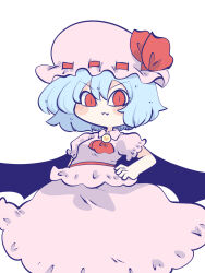 Rule 34 | 1girl, aqua hair, ascot, bat wings, blue hair, blush, bow, brooch, chahan (fried rice0614), closed mouth, collared shirt, cowboy shot, dress, fang, frilled shirt, frilled skirt, frilled sleeves, frills, hair between eyes, hand on own hip, hand up, hat, hat ribbon, highres, jewelry, light blue hair, looking at viewer, mob cap, pink dress, pink hat, puffy short sleeves, puffy sleeves, red ascot, red bow, red eyes, red ribbon, remilia scarlet, ribbon, ribbon-trimmed headwear, ribbon trim, shirt, short hair, short sleeves, simple background, skirt, skirt set, smile, solo, touhou, waist ribbon, white background, wings