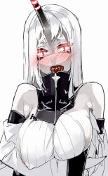 Rule 34 | 10s, 1girl, bad id, bad pixiv id, bare shoulders, blush, breasts, covered erect nipples, dress, horns, kantai collection, large breasts, red eyes, ribbed dress, ruuto (sorufu), seaport princess, simple background, single horn, solo, translated, white background, white hair