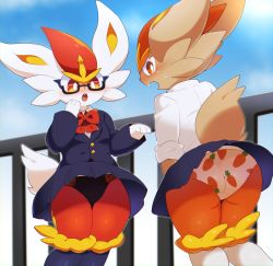 Rule 34 | 2girls, absurdres, alternate color, animal hands, ass, black-framed eyewear, black pantyhose, blue fur, blue jacket, blue sky, blush, body fur, bow, bowtie, brown fur, buck teeth, buttons, carrot print, chromatic aberration, cinderace, clothed pokemon, clothes lift, cloud, creatures (company), day, embarrassed, female focus, flat chest, food print, from behind, furry, furry female, game freak, gen 8 pokemon, glasses, hands up, highres, jacket, long sleeves, looking back, looking down, miniskirt, multicolored fur, multiple girls, nintendo, nose blush, open mouth, orange fur, outdoors, panties, pantyhose, pantyshot, pince-nez, pleated skirt, pokemon, pokemon (creature), rabbit ears, rabbit girl, rabbit tail, railing, red bow, red bowtie, red fur, red hair, semi-rimless eyewear, shiny pokemon, shirt, short hair, short sleeves, skirt, skirt lift, sky, sleeves rolled up, standing, subaru331, surprised, sweat, teeth, thighs, underwear, upskirt, white fur, white panties, white shirt, wind, wind lift, yellow fur