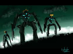 Rule 34 | bottoms1237, cloud, glowing, glowing eyes, highres, leaning back, looking up, mecha, no humans, open hands, original, robot, science fiction, silhouette, sky, visor