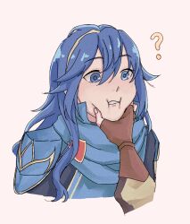 Rule 34 | 1girl, 1other, ?, blue eyes, blue hair, blue scarf, commentary, cropped torso, english commentary, fire emblem, fire emblem awakening, hand on another&#039;s cheek, hand on another&#039;s face, highres, long hair, lucina (fire emblem), nintendo, pinwheejin, scarf, simple background, tiara, upper body, white background