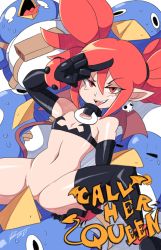Rule 34 | 1girl, arm up, bigdead, bottomless, choker, convenient censoring, demon girl, demon tail, demon wings, disgaea, elbow gloves, etna (disgaea), flat chest, gloves, highres, looking at viewer, makai senki disgaea, middle finger, navel, open mouth, pointy ears, prinny, red eyes, red hair, shiny clothes, shiny skin, spread legs, stomach, sweat, tail, thighhighs, tongue, tongue out, twintails, wings