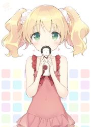 Rule 34 | 10s, 1girl, alice cartelet, blonde hair, blush, collarbone, covered navel, dress, frills, green eyes, hair ornament, hair scrunchie, heart, holding, kani biimu, kin-iro mosaic, kokeshi, looking at viewer, md5 mismatch, red dress, ribbon, scrunchie, short twintails, solo, twintails, yuri
