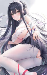 Rule 34 | 1girl, absurdres, ass, azur lane, bad id, bad pixiv id, black hair, black panties, black skirt, breasts, commentary request, frills, from side, green eyes, hair between eyes, hair ornament, highres, indomitable (azur lane), indomitable (ms. motivationless maid) (azur lane), large breasts, long hair, looking at viewer, looking to the side, lshiki, lying, maid headdress, official alternate costume, on side, open mouth, panties, skirt, solo, thighhighs, underboob, underwear, very long hair, white thighhighs