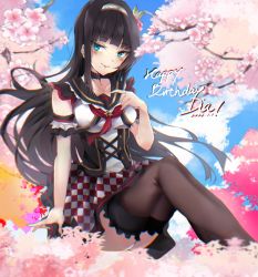 Rule 34 | 1girl, aqua eyes, artist name, artist request, black corset, black detached collar, black hair, black hairband, black legwear, black skirt, blue sky, blush, braid, branch, breasts, caicos (pixiv26076281), checkered clothes, checkered skirt, cloud, collarbone, corset, cross-laced clothes, cross-laced dress, day, dress, earrings, female focus, flower, flower earrings, frilled dress, frills, green eyes, hair flower, hair ornament, hairband, half-closed eyes, highres, jewelry, kurosawa dia, long hair, looking at viewer, love live!, love live! school idol festival, love live! sunshine!!, medium breasts, mole, mole under mouth, neckerchief, outdoors, parted lips, pink flower, red flower, red neckerchief, red skirt, sitting, skirt, sky, smile, solo, tree, white dress, wrist cuffs