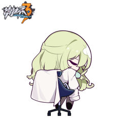 Rule 34 | 1girl, black footwear, chair, chibi, copyright name, eta, closed eyes, from behind, full body, green hair, honkai (series), honkai impact 3rd, lab coat, long hair, long sleeves, mobius (honkai impact), on chair, pantyhose, shoes, simple background, sitting, sleeves past fingers, sleeves past wrists, solo, very long hair, white background