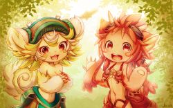 Rule 34 | 2girls, :d, absurdres, animal ears, artist name, blush stickers, body fur, breasts, claws, commentary request, furry, furry female, goggles, goggles on head, green hair, hand up, highres, huge filesize, long hair, looking at viewer, made in abyss, mitty (made in abyss), mitty (made in abyss) (furry), multicolored hair, multiple girls, navel, nina (maurururoa), open mouth, prushka, red eyes, red hair, short hair, small breasts, smile, two-tone hair, whiskers, white hair