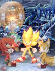 Rule 34 | 1girl, 3boys, :o, animal nose, blue eyes, chaos (sonic), clenched hands, flood, furry, furry male, gloves, kaijuu, knuckles the echidna, multiple boys, multiple tails, own hands together, praying, purple eyes, rain, red eyes, red footwear, sega, serious, shoes, sneakers, sonic (series), sonic adventure, sonic the hedgehog, spirit, standing, super sonic, tail, tails (sonic), tikal the echidna, tondamanuke, two tails, water, wet, white gloves
