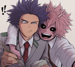 Rule 34 | !, !!, &gt;:t, 10s, 1boy, 1girl, :d, arm around neck, ashido mina, bags under eyes, black sclera, blue hair, boku no hero academia, bowl, chopsticks, closed mouth, collared shirt, colored sclera, colored skin, constricted pupils, eating, food, food on face, hair between eyes, half-closed eye, hands up, highres, holding, holding chopsticks, horns, jacket, keiid, long sleeves, looking at viewer, medium hair, messy hair, necktie, open mouth, outstretched arm, pink hair, pink skin, reaching, reaching towards viewer, red neckwear, rice, rice bowl, rice on face, school uniform, selfie, shinsou hitoshi, shirt, smile, surprised, teeth, uneven eyes, upper body, upper teeth only, v-shaped eyebrows, white shirt, wing collar, yellow eyes