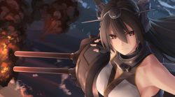 Rule 34 | 10s, 1girl, bare shoulders, black gloves, breasts, brown eyes, brown hair, closed mouth, enosan, fingerless gloves, from above, gloves, hair between eyes, image sample, kantai collection, machinery, md5 mismatch, medium breasts, nagato (kancolle), resized, smoke, solo, upper body