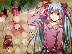 Rule 34 | 1girl, food, fruit, grapes, hatsune miku, headphones, long hair, musical note, solo, sweater, tsujiori, twintails, very long hair, vocaloid