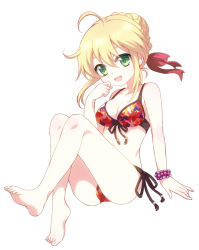 Rule 34 | 10s, 1girl, ahoge, arm support, bad id, bad pixiv id, barefoot, bikini, blonde hair, bracelet, braid, breasts, fate/extra, fate (series), feet, front-tie top, green eyes, harimoji, jewelry, looking at viewer, nero claudius (fate), nero claudius (fate) (all), nero claudius (fate/extra), official alternate costume, open mouth, red bikini, short hair, side-tie bikini bottom, sitting, solo, swimsuit, toes