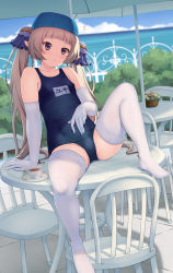 Rule 34 | 1boy, blonde hair, blunt bangs, blush, bulge, crossdressing, elbow gloves, gloves, highres, long hair, male focus, nishiyama maruta, one-piece swimsuit, pointy ears, princess connect!, purple eyes, sitting, solo, spread legs, swimsuit, thighhighs, trap, white gloves, white thighhighs, yuki (princess connect!)