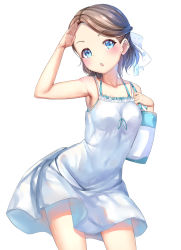 Rule 34 | 10s, 1girl, absurdres, bag, blue eyes, blush, brown hair, dress, hachinatsu, half updo, handbag, highres, looking at viewer, love live!, love live! sunshine!!, parted bangs, salute, short hair, simple background, solo, watanabe you, white background, white dress