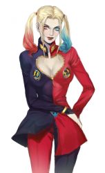 Rule 34 | 1girl, blonde hair, breasts, bussiarati, cleavage, colored tips, cosplay, crossover, dc comics, giorno giovanna, giorno giovanna (cosplay), harley quinn, jojo no kimyou na bouken, lipstick, makeup, multicolored hair, open clothes, solo, suicide squad, twintails